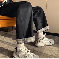 Pants female students 2021 Spring and Autumn New Korean version of loose wide leg pants high waist Plaid stitching straight pants thin tide