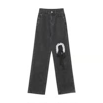 Lace splicing hole jeans womens black thin students Korean version of loose new thin waist long pants tide