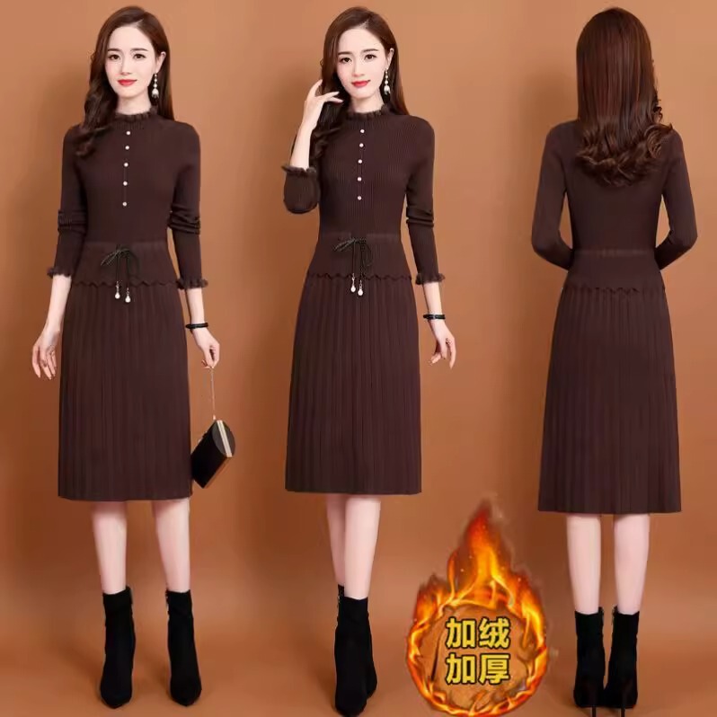 Fake Two-Piece Dress, New Autumn and Winter Style, Fleece-Lined and Thickened, Over-The-Knee Mid-Length, Versatile, Slimming Knit Sweater Dress