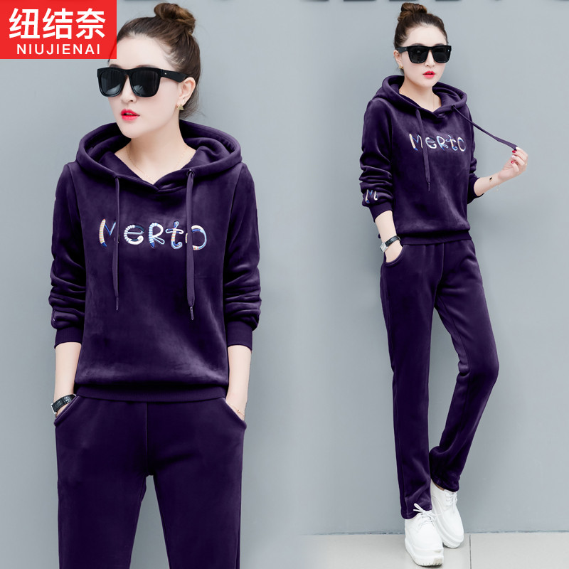 Thickened plus velvet sports suit women's two-piece set 2019 new autumn and winter fashion double-sided gold velvet casual wear sweater