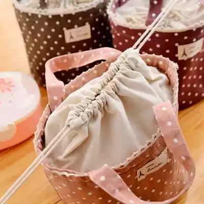 Round portable bento belt Waterproof insulation drawstring small bag Canvas lunch bag Bento bag