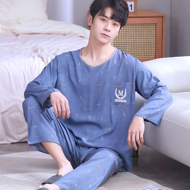 New Cotton Silk Pajamas for Men, Summer Thin Set, Long-Sleeved, Large Size, Spring and Autumn Cotton Silk Loose Home Wear Two-Piece Set