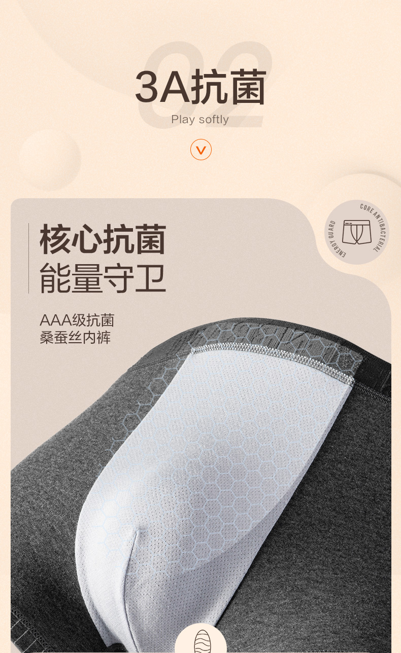 柒牌 男士 50支新疆长绒棉 条纹内裤 3条 桑蚕丝混纺抗菌内档 图5