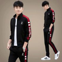 Spring new mens leisure sports running fitness trend fashion two-piece suit stand collar jacket straight pants