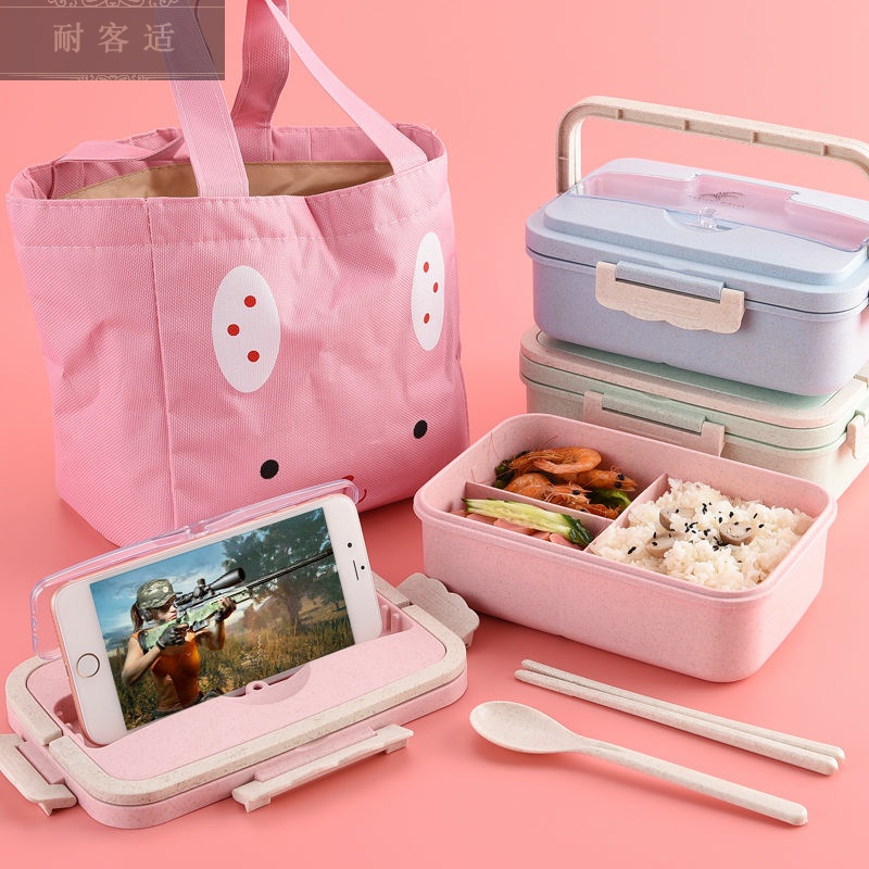 Wheat straw portable lunch box can be microwave Korean students bento female leakproof with cutlery boxes
