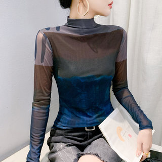 韩版高领印花长袖T恤女秋冬新款网纱蕾丝上衣显瘦洋气内搭打底衫