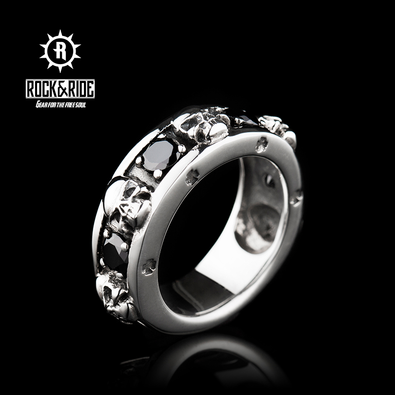 Rockride Obsidian Skull Ring 925 Pure Silver Men Gem Trend Personality