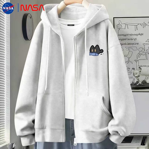 Nasa Korean Version Black Cat Logo Print Hooded Sweatshirt Autumn and Winter Unisex Fleece Thickened Loose Cardigan Jacket
