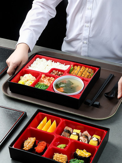 Boîte à déjeuner japonaise en grain de bois, emballage en plastique, restauration rapide, boîte à repas d'affaires haut de gamme, compartiments épaissis pour plats à emporter commerciaux