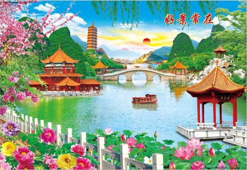 New Chinese living room decoration painting Landscape landscape painting Waterfall wall painting Paper painting Sticker painting Restaurant mural painting