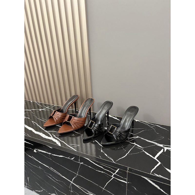 Xiaopi/High-End Sheepskin Sexy Style Metal Buckle Pointed Toe Sandals Women's Stiletto Pleated High Heels Elegant Xiaopi/High-End Sheepskin Sexy Style Metal Buckle Pointed Toe Sandals Women's Stiletto Pleated High Heels Elegant