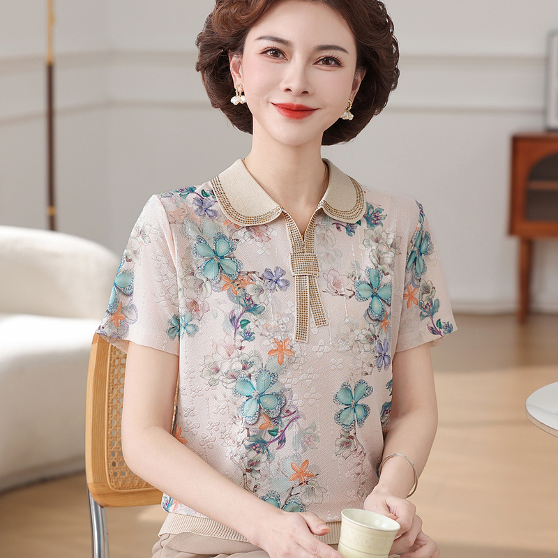 2026 Summer Short-Sleeved T-Shirt for Mothers, Thin Lapel Top, Stylish Middle-Aged and Elderly Women's Loose Ice Silk Blouse
