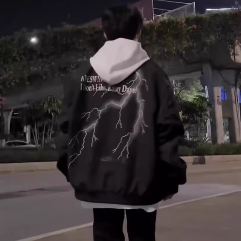 National Trend American Lightning Crack Printed Jacket Black Baseball Uniform for Men and Women Spring & Fall Loose Zipper Versatile Jacket