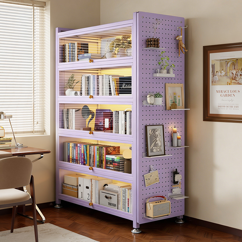 Polimei Purple Dust-Proof Bookcase with Glass Doors, Display Cabinet, Steel Bookshelf, Children's Storage Cabinet, Integrated Wall-Mounted Floor-Standing Unit