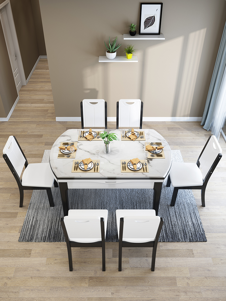 Living room marble dining table and chair combination solid wood telescopic folding multi-function square circle dual-use variable six people IKEA