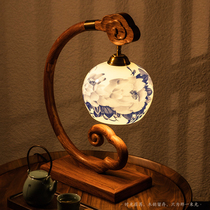 Mahogany new Chinese living room bedroom bedside Zen classical table lamp Chinese style solid wood vintage ceramic study table lamp