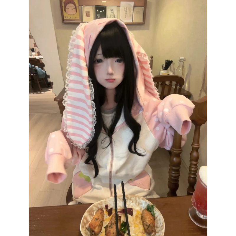 Cute Japanese-Style Pink Polka Dot Big Bunny Ear Hooded Sweatshirt for Women, Spring and Autumn Anime Subculture Zip-Up Jacket Cute Japanese-Style Pink Polka Dot Big Bunny Ear Hooded Sweatshirt for Women, Spring and Autumn Anime Subculture Zip-Up Jacket