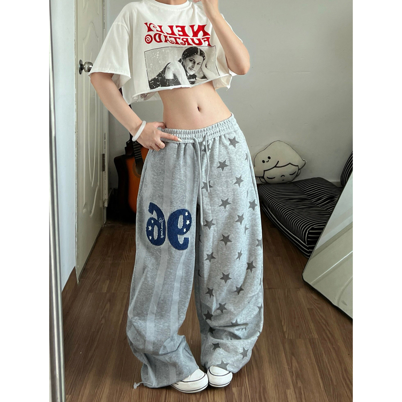 American Retro Star Print Drawstring Wide-Leg Sweatpants for Women, Trendy Brand Loose Jazz Dance Sports Pants, Wide-Leg Floor-Length Pants