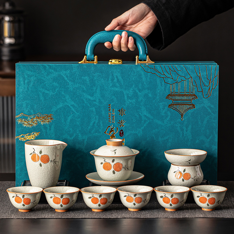 Geyao hand-painted persimmon kung fu tea set for home tea making, high-end light luxury ceramic tea cup, holiday gift box