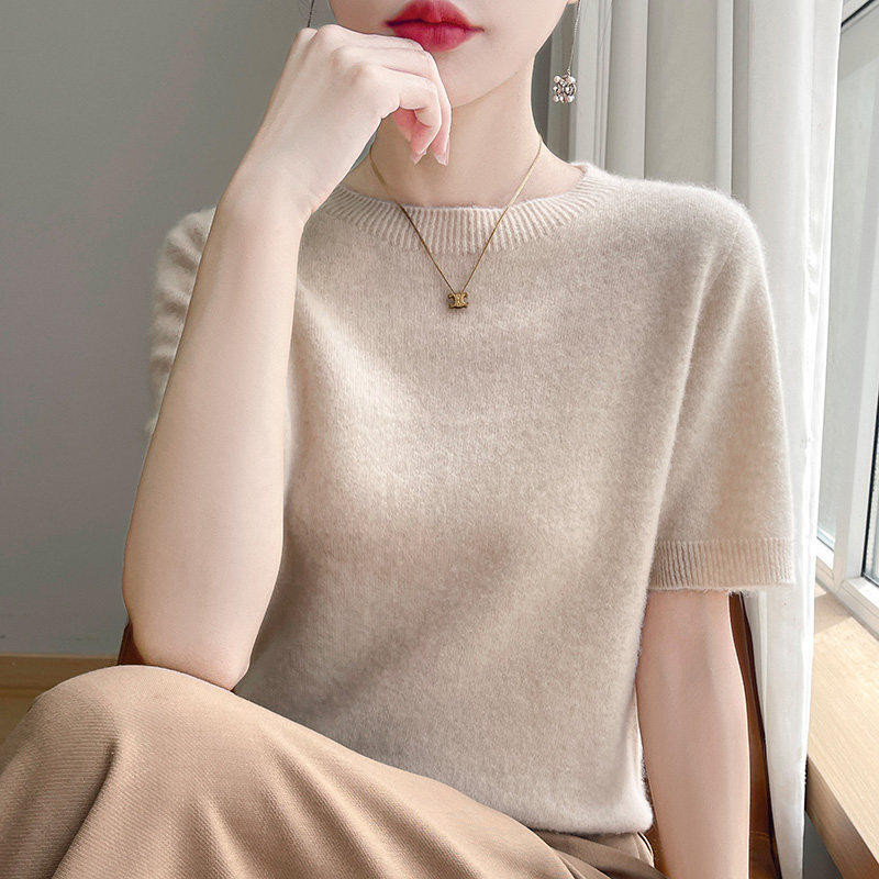 Soundproof Bamboo Five-Quarter Sleeve Knit Sweater, Early Autumn Short-Sleeve T-Shirt, Round Neck Mid-Sleeve Thin Sweater