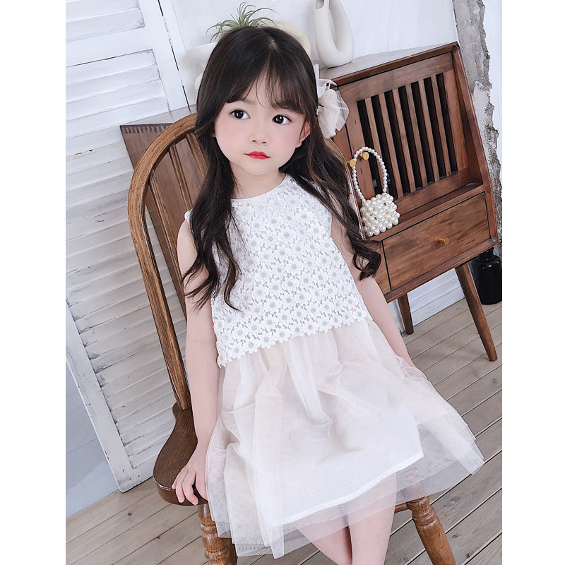Girl Princess Pompeo Gas Dress 2023 Summer New White Dress Child sleeveless vest dress Fairy