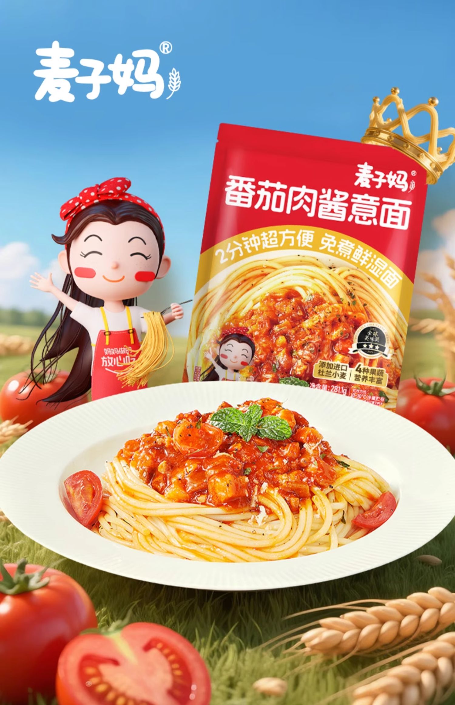 麦子妈 免煮速食番茄肉酱意面 280g*6袋 ￥89包邮 黑松露牛肉意面可选 淘金币可抵扣￥7.12