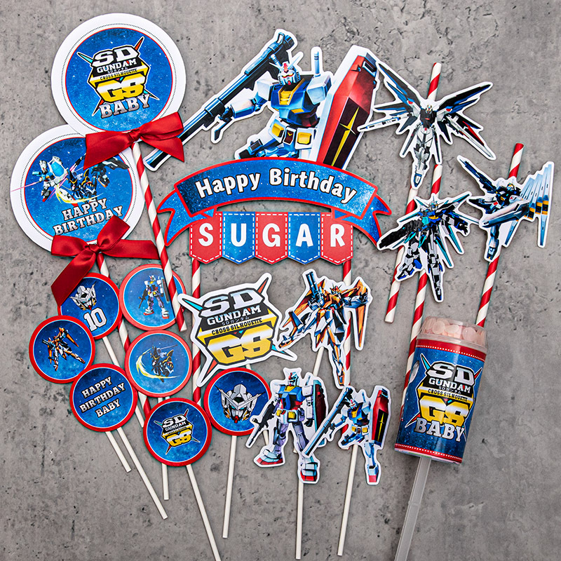 Cartoon-Themed Compatible Gundam Robot Baby Birthday First Birthday Dessert Table Cake Topper Decoration Arrangement