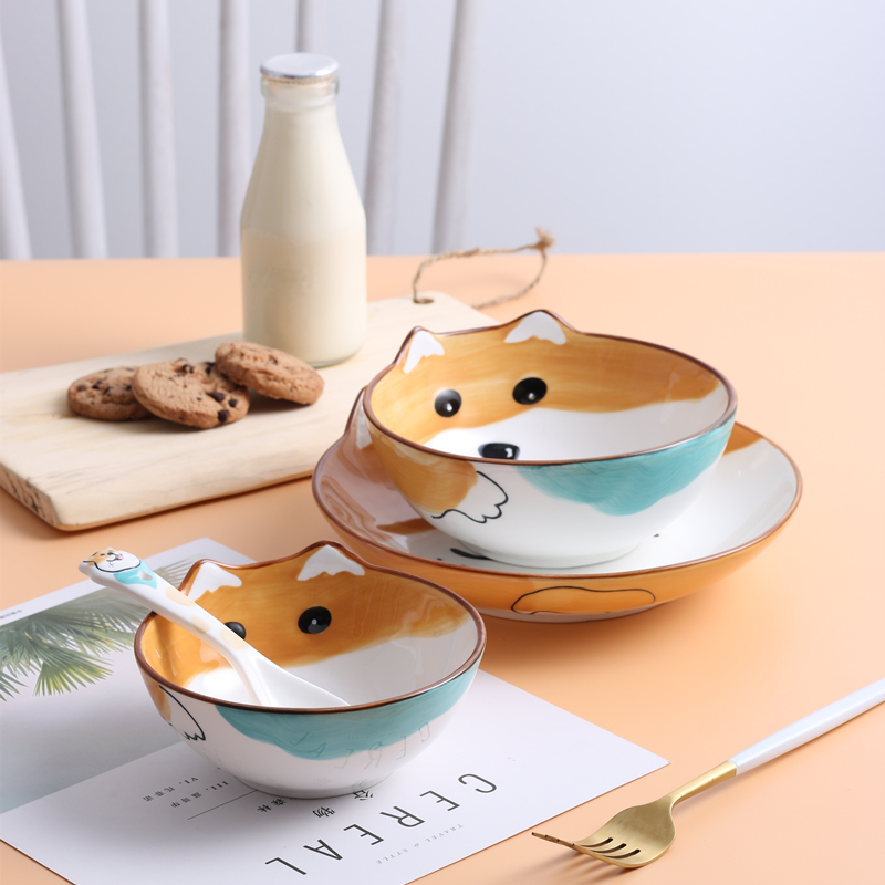 Cartoon creative move ceramic bowl home baby, lovely children tableware hand - made shiba inu huskies dishes spoons