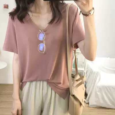 European station cool and thin collar short-sleeved T-shirt women's 2020 new summer loose and wild solid color inner clothes women's trend