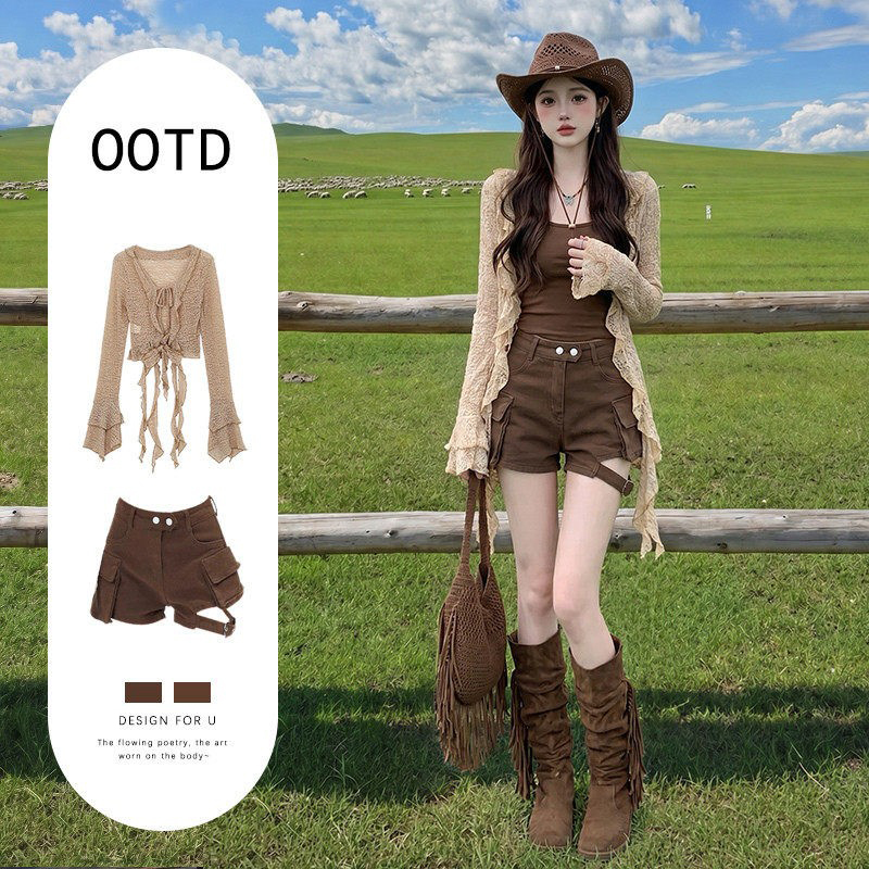 Prairie Xinjiang Travel Outfit 2026 Super Popular Summer Outfit Complete Set Wasteland Style Hot Girl Western Cowboy Suit Shorts Prairie Xinjiang Travel Outfit 2026 Super Popular Summer Outfit Complete Set Wasteland Style Hot Girl Western Cowboy Suit Shorts