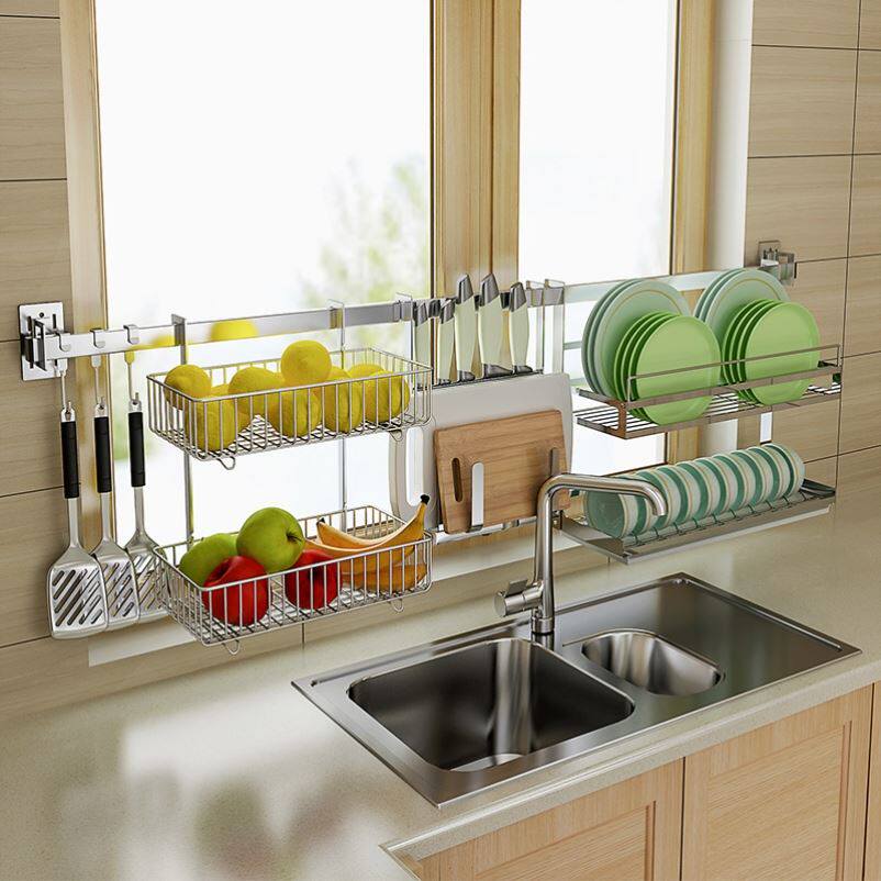 Rack kitchenette hanging on the windows Top of the ground floor Standing Wall Containing Layer Racks Free of perforated Hanging Rod Bowls Pan Leash Racks