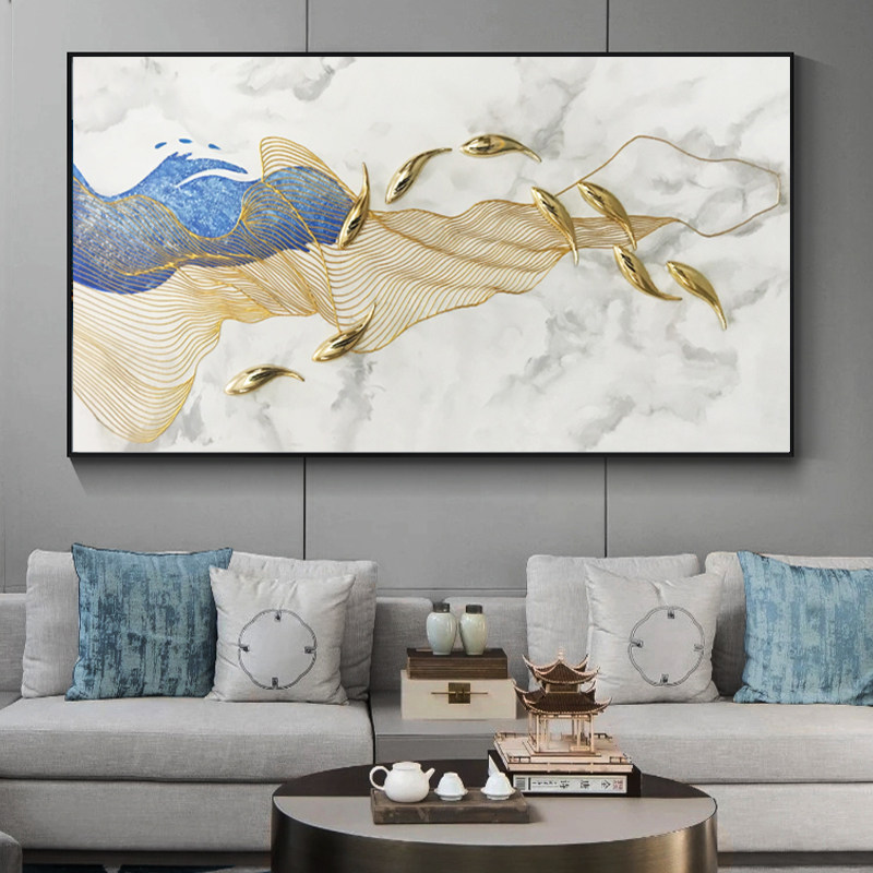 Pure hand-painted oil painting light luxury living room decorative painting horizontal version of the atmospheric high-end hanging painting sofa background wall nine fish picture mural