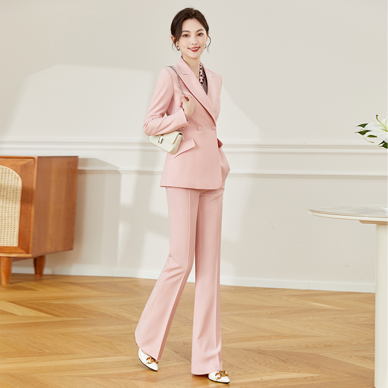 Pink Blazer Women's Suit with Wide-Leg Pants Set, Stylish and Professional Attire for Commuting, Broadcasting, and Formal Occasions