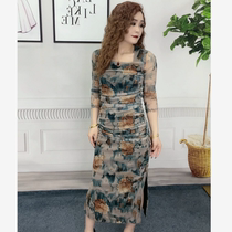 Ximi Anzeni new square collar slim pleated long side waist split dress high-end feel niche texture