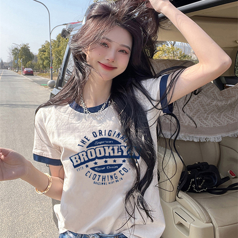 Korean Style Pure Cotton Regular Shoulder Short-Sleeve T-Shirt for Women, 2026 Summer New Design, Unique Color-Blocking, Stylish and Distinctive Top