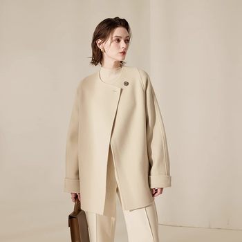 Collarless Double-Sided Cashmere Coat for Women 2023 Autumn and Winter New Style High-End Small Size Lace-Up Wool Woolen Coat