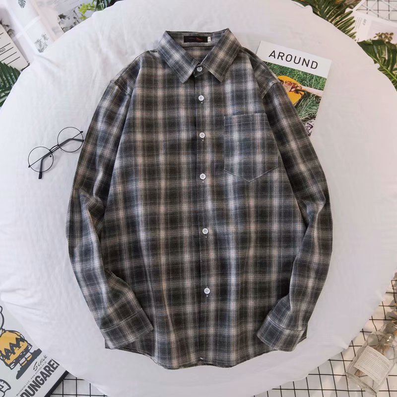 Nhật Bản dài tay phong cách BF của nam giới và lười biếng thủy triều hàng ngày nhân tiểu-shirt áo sơ mi kẻ sọc nghệ thuật bên ngoài của phụ nữ lỏng lẻo-fitting