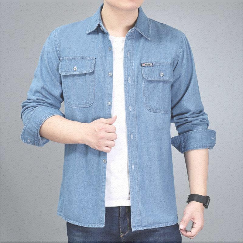 Mã áo dài tay mỏng denim bảo hộ lao động của nam giới vào mùa thu lớn trung niên áo sơ mi nam loose-fitting rắn màu hàng đầu.