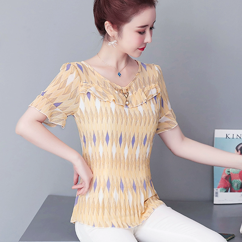 Áo voan ngắn tay nữ mùa hè thời trang Hàn Quốc là áo thun mỏng eo size áo thun voan nước ngoài - Áo sơ mi chiffon ren