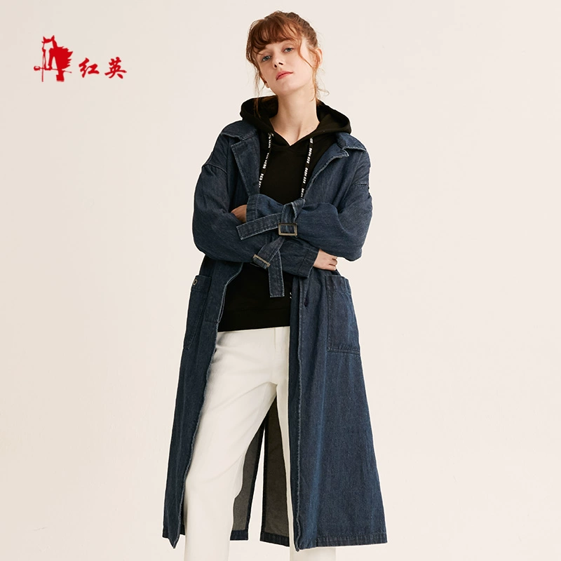 VIVIAN LIU / 红英 Y1943101 Mùa thu nữ mới xẻ khe thắt lưng dài áo khoác denim trench coat - Trench Coat