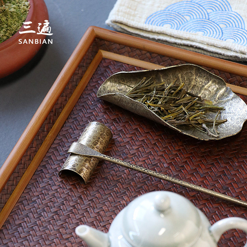 Three times handmade tea Pure copper tea Three-piece set Kung Fu tea set Tea ceremony accessories Tea picker Tea spoon Zen tea lotus