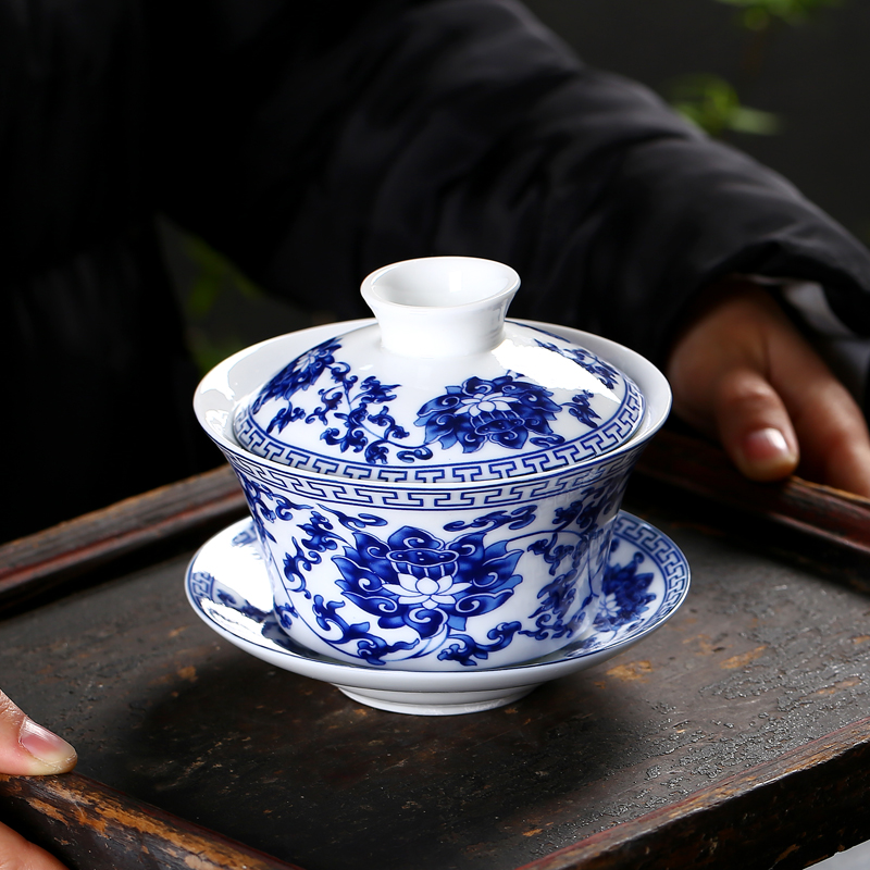 Tureen large blue and white porcelain only three cups of jingdezhen ceramic worship three fort kung fu tea tea cups