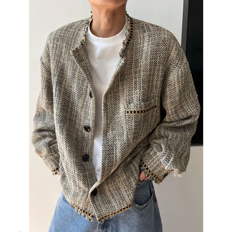 Spring and Autumn Retro Wasteland Style Mixed-Color Woven Cardigan Jacket for Men, Trendy Fashion Fringed Collarless Casual Loose Jacket Spring and Autumn Retro Wasteland Style Mixed-Color Woven Cardigan Jacket for Men, Trendy Fashion Fringed Collarless Casual Loose Jacket
