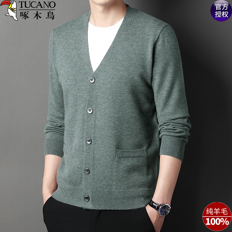 Woodpecker Cardigan Sweater for Men, Spring and Autumn Casual Loose Men's Wool Sweater Jacket, Middle-Aged V-Neck Solid Color Knitwear