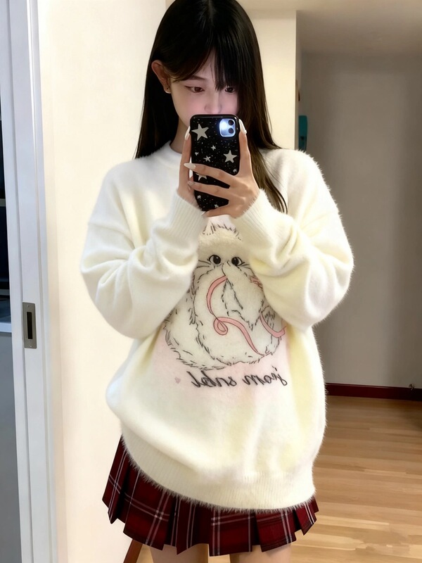 Sweet and Cute Cat-Themed White Pullover Sweater, New Autumn and Winter Design, Loose Knit Sweater for Women