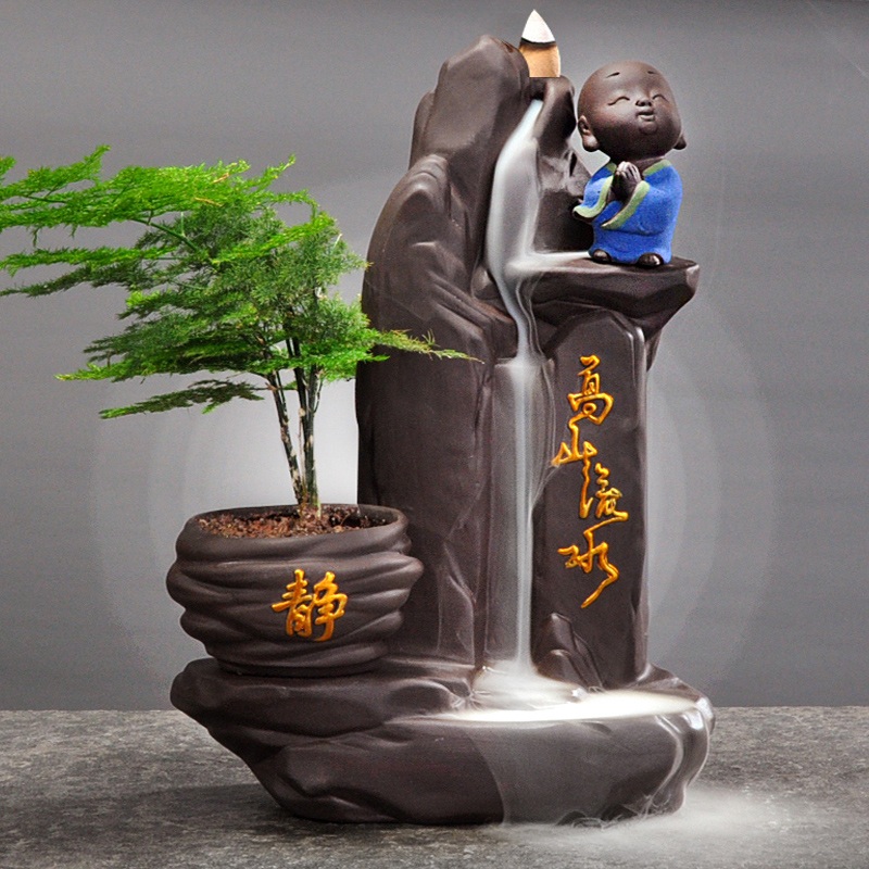 Large creative high mountain flowing water ceramic tea pet fortune decoration purple sand monk flower water plant bonsai back flow incense burner