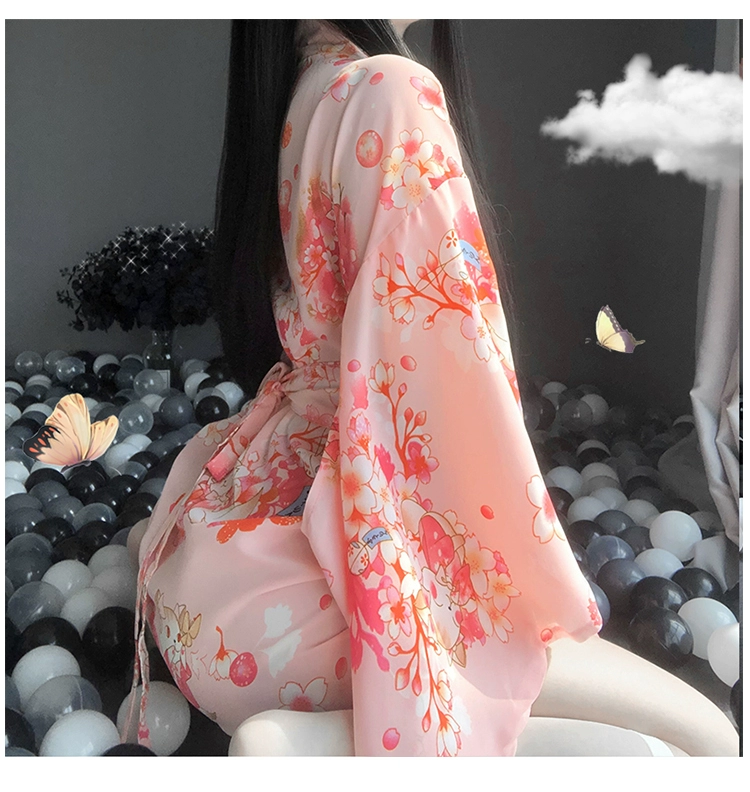 Ảnh cô gái kimono phong cách đồ ngủ vui vẻ phong cách mùa hè váy ngủ nữ hoa anh đào voan giường ngủ sexy dịch vụ tại nhà - Night Robe