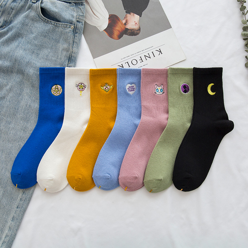 Socks female midbarrel Sox color cotton socks Japanese cute ins Chains cotton socks South Korean short socks Sport Long cylinder Sox high cylinder 