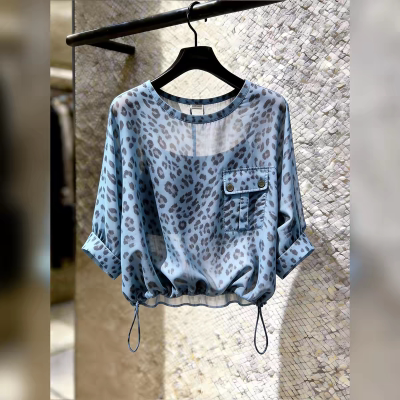 Blue Leopard Print Semi-Sheer Chiffon Blouse for Women, Three-Quarter Sleeves, New Summer Style, Drawstring Hem, Beautiful Thin Top