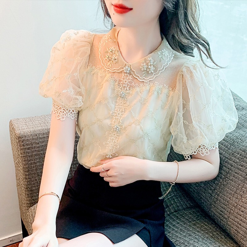 2026 Summer New French Chiffon Blouse for Women with Puff Sleeves, Doll Collar, Lace Crochet, Stylish and Unique Top